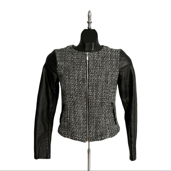 H&m DIVIDED Black & White Tweed Vegan Leather Coat - Picture 1 of 6